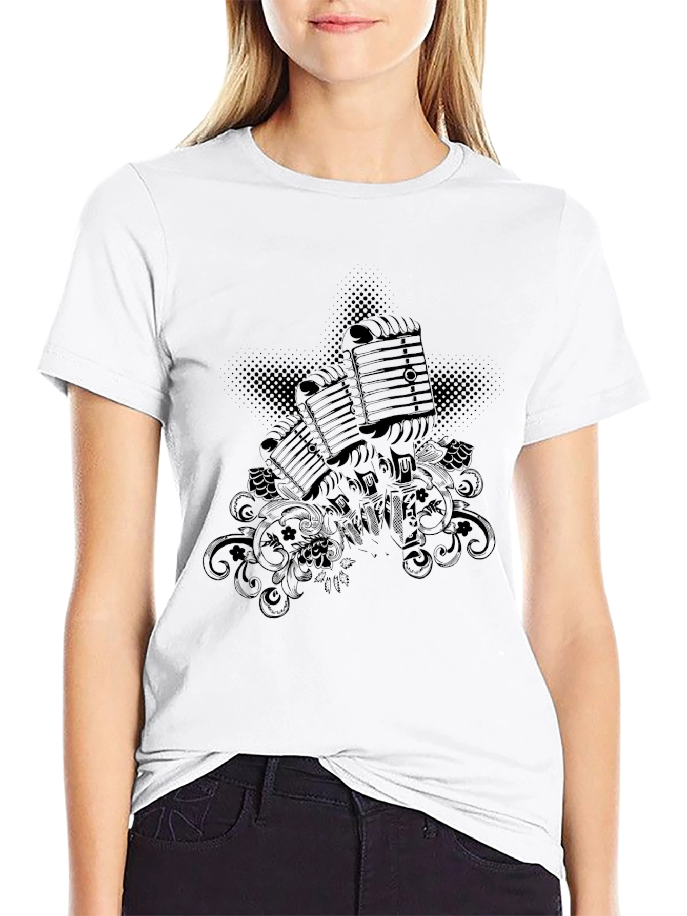 Retro Microphone Graphic Tee - Black