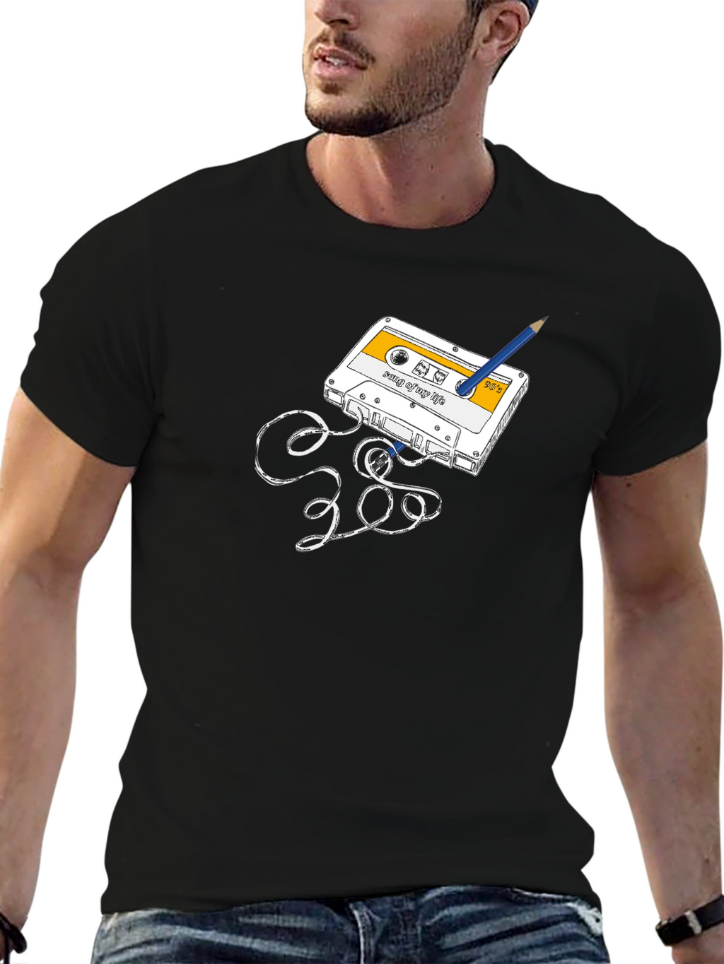 Retro Cassette Tape & Pencil Graphic T-Shirt