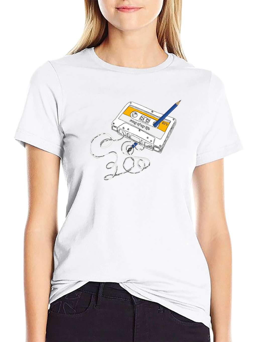 Retro Cassette Tape & Pencil Graphic T-Shirt