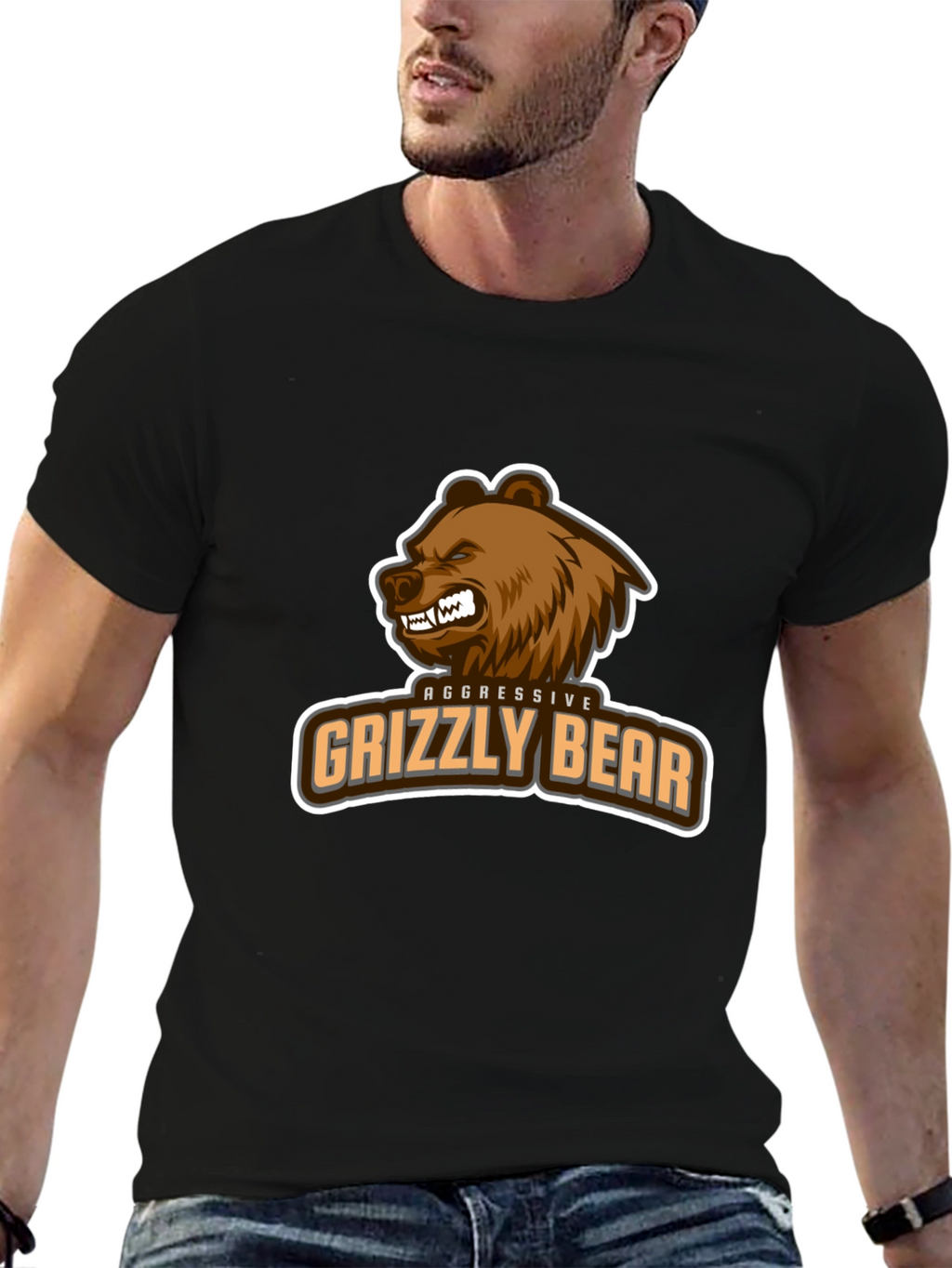 Aggressive Grizzly Bear Graphic Tee - Black