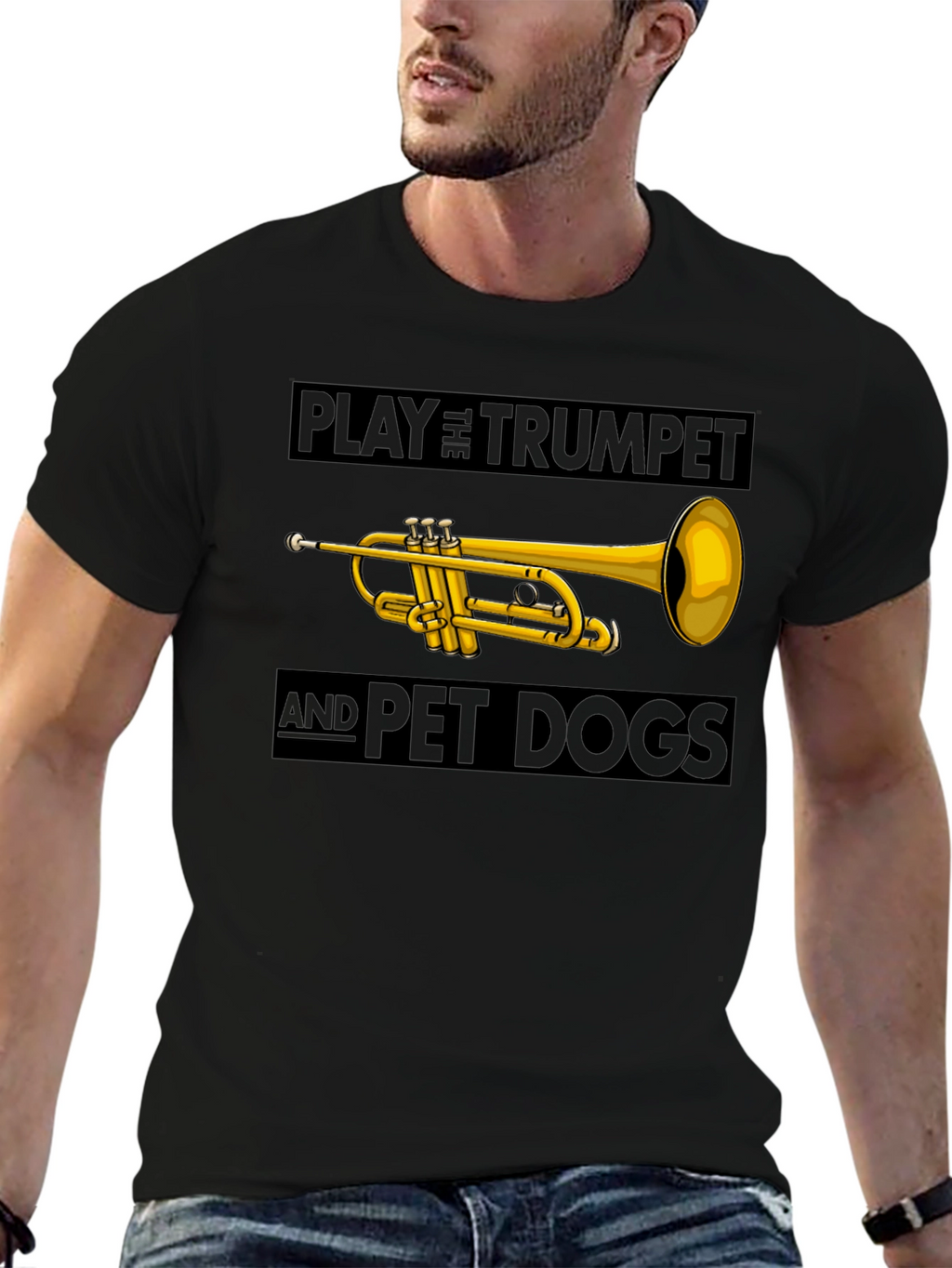 Play Trumpet and Pet Dogs Black T-Shirt