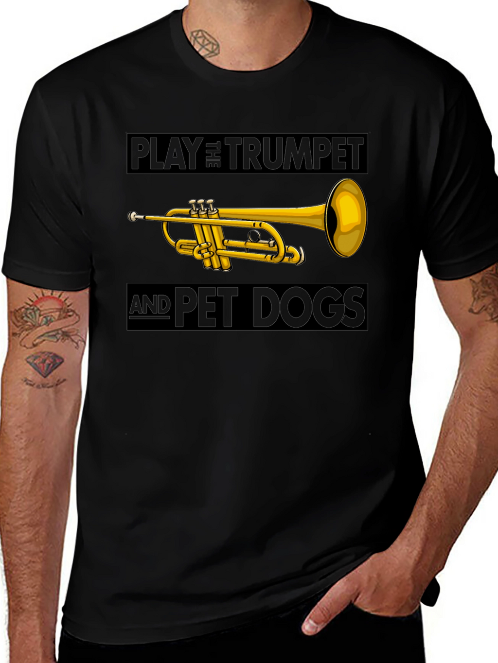 Play Trumpet and Pet Dogs Black T-Shirt