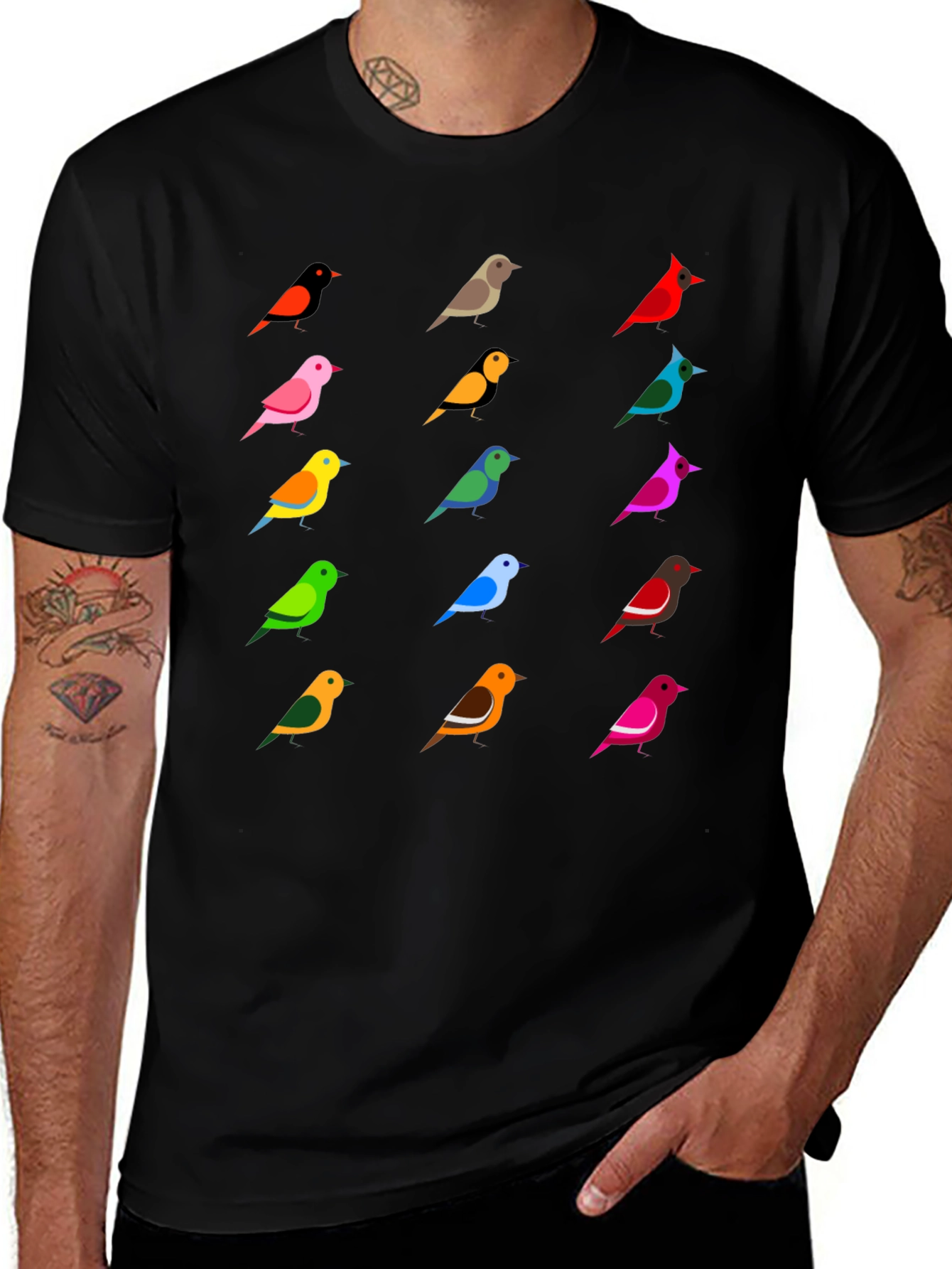 Colorful Birds Graphic Tee - Casual Crew Neck T-Shirt