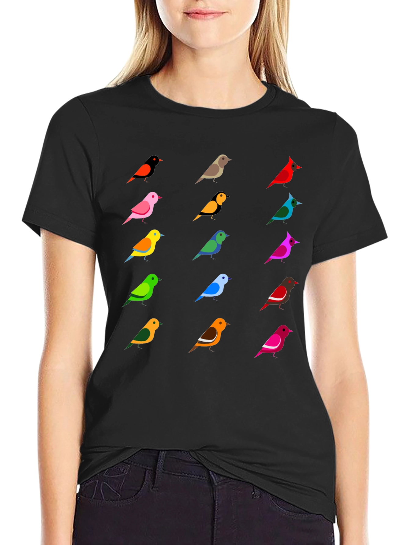 Colorful Birds Graphic Tee - Casual Crew Neck T-Shirt