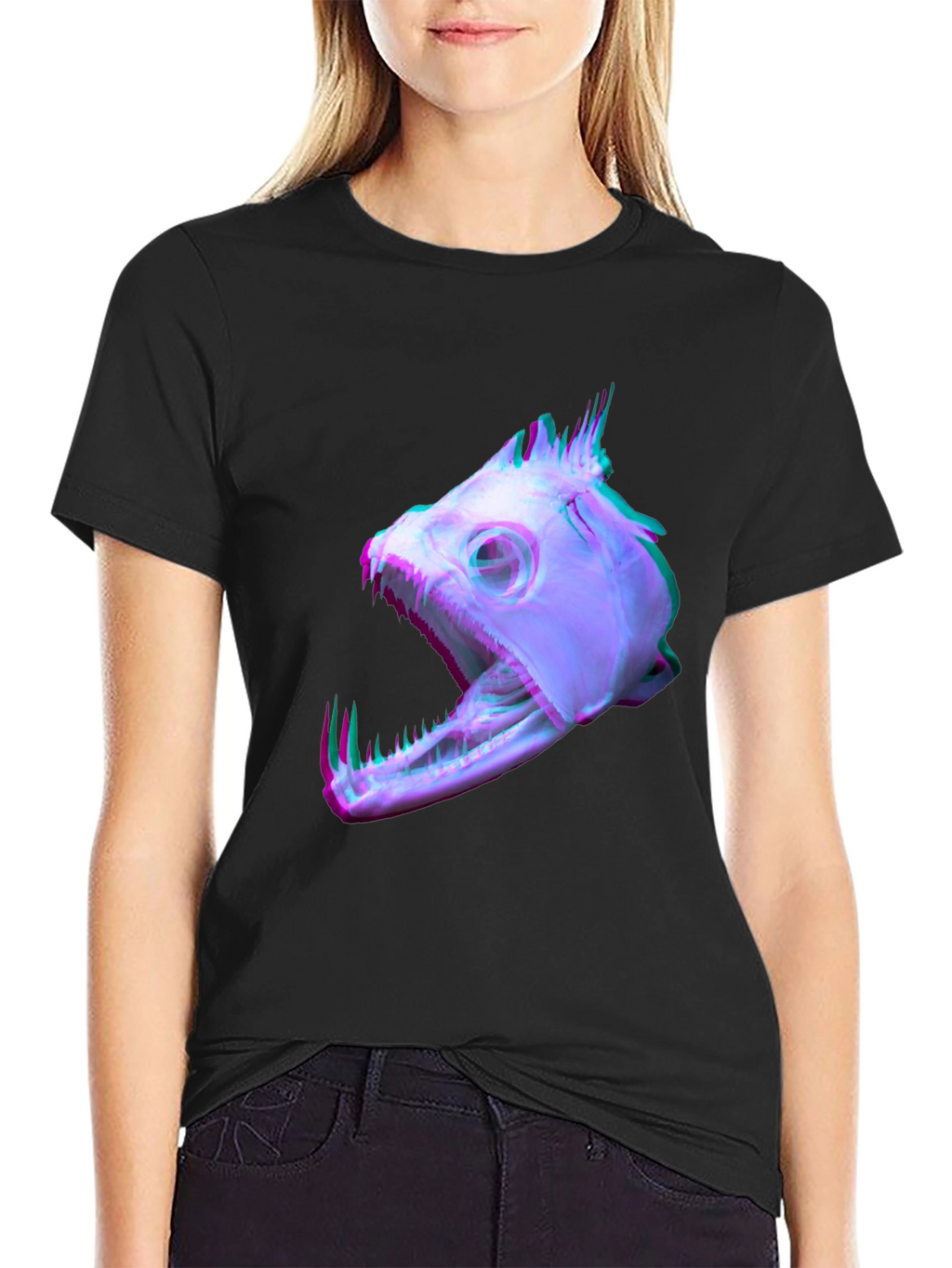 Unique Fish Skull Graphic Print Black T-Shirt