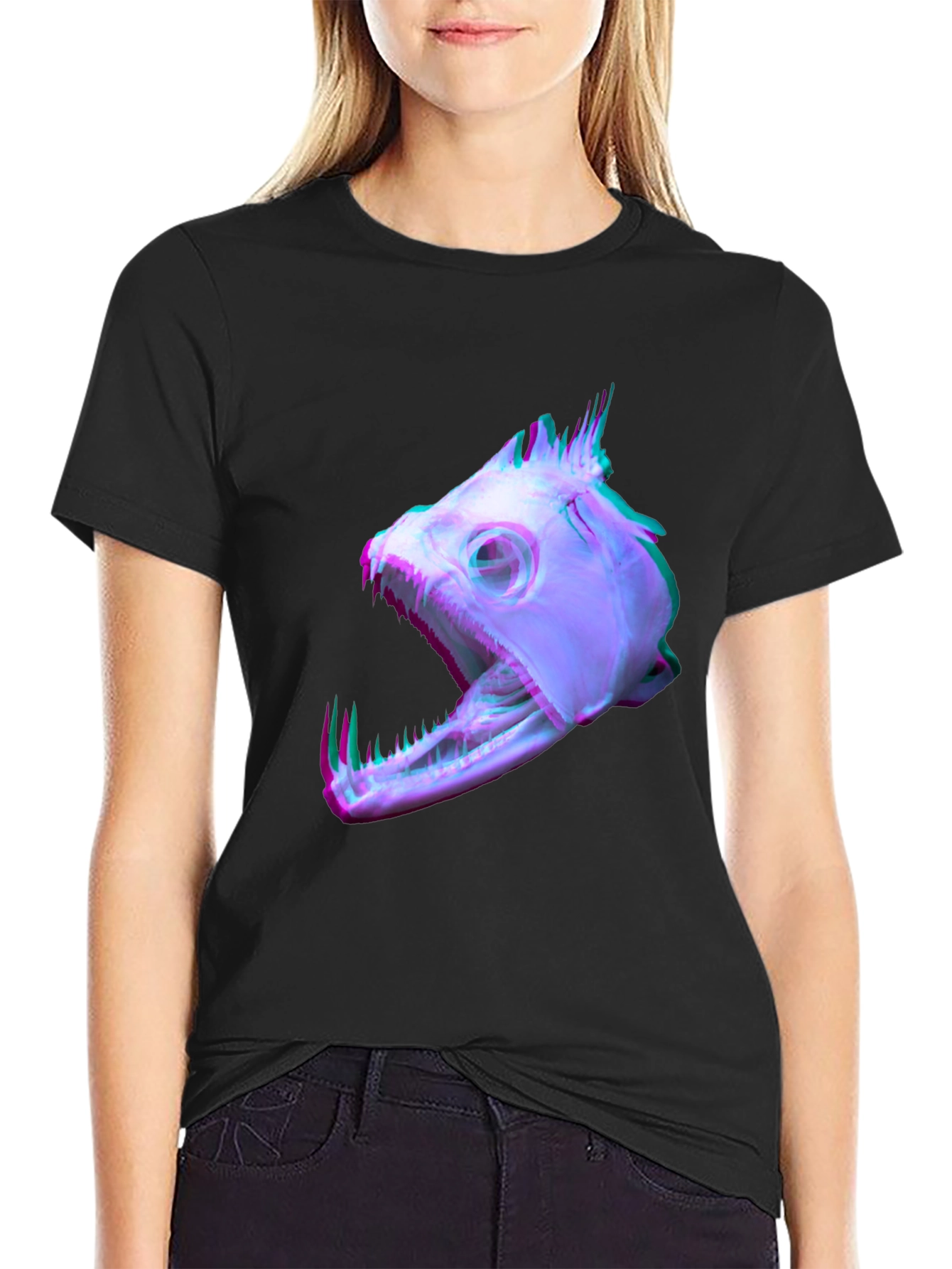 Unique Fish Skull Graphic Print Black T-Shirt