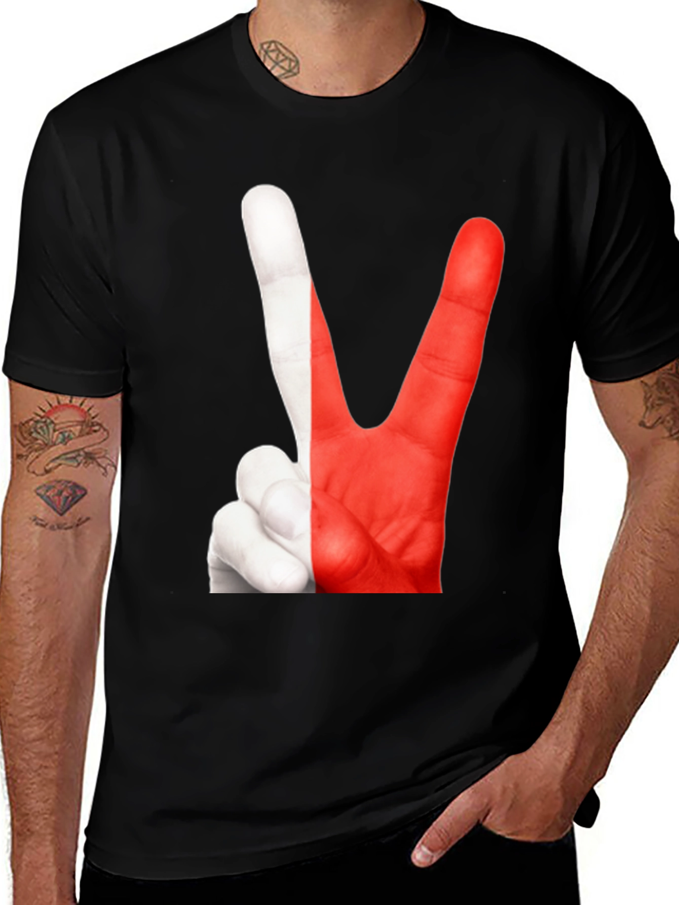 Peace Sign Hand T-Shirt - Poland Flag Colors