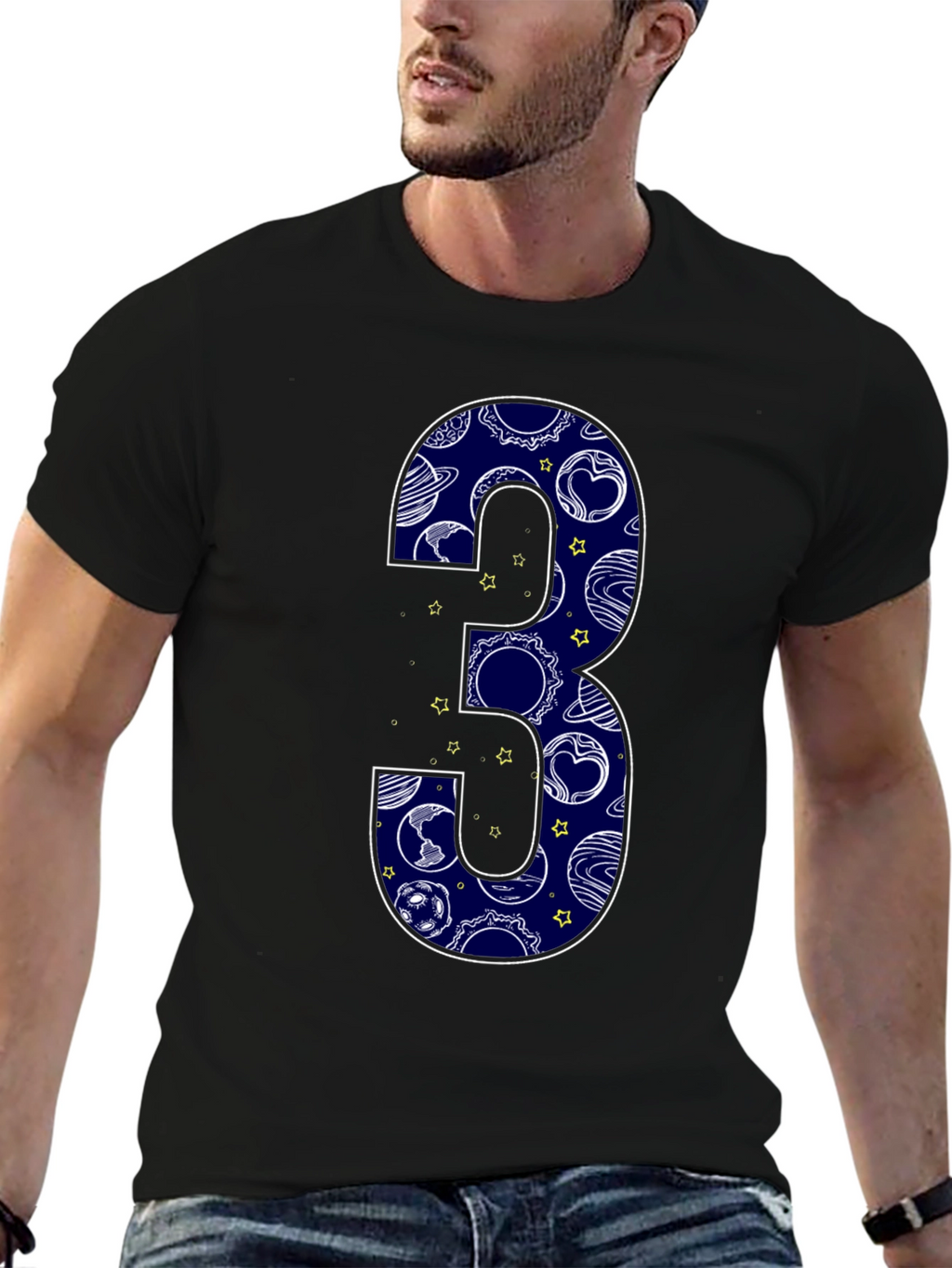 Number 3 Space Planets Black T-Shirt