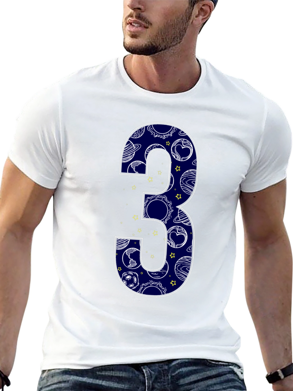 Number 3 Space Planets Black T-Shirt