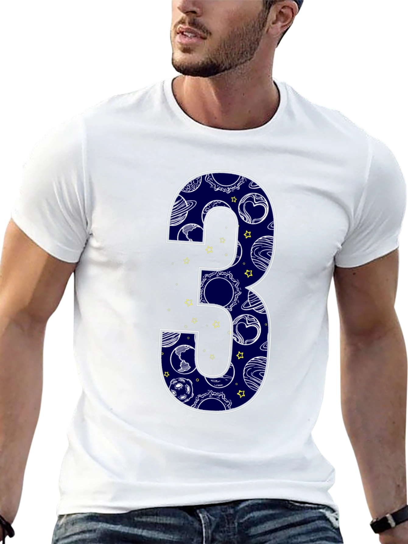 Number 3 Space Planets Black T-Shirt