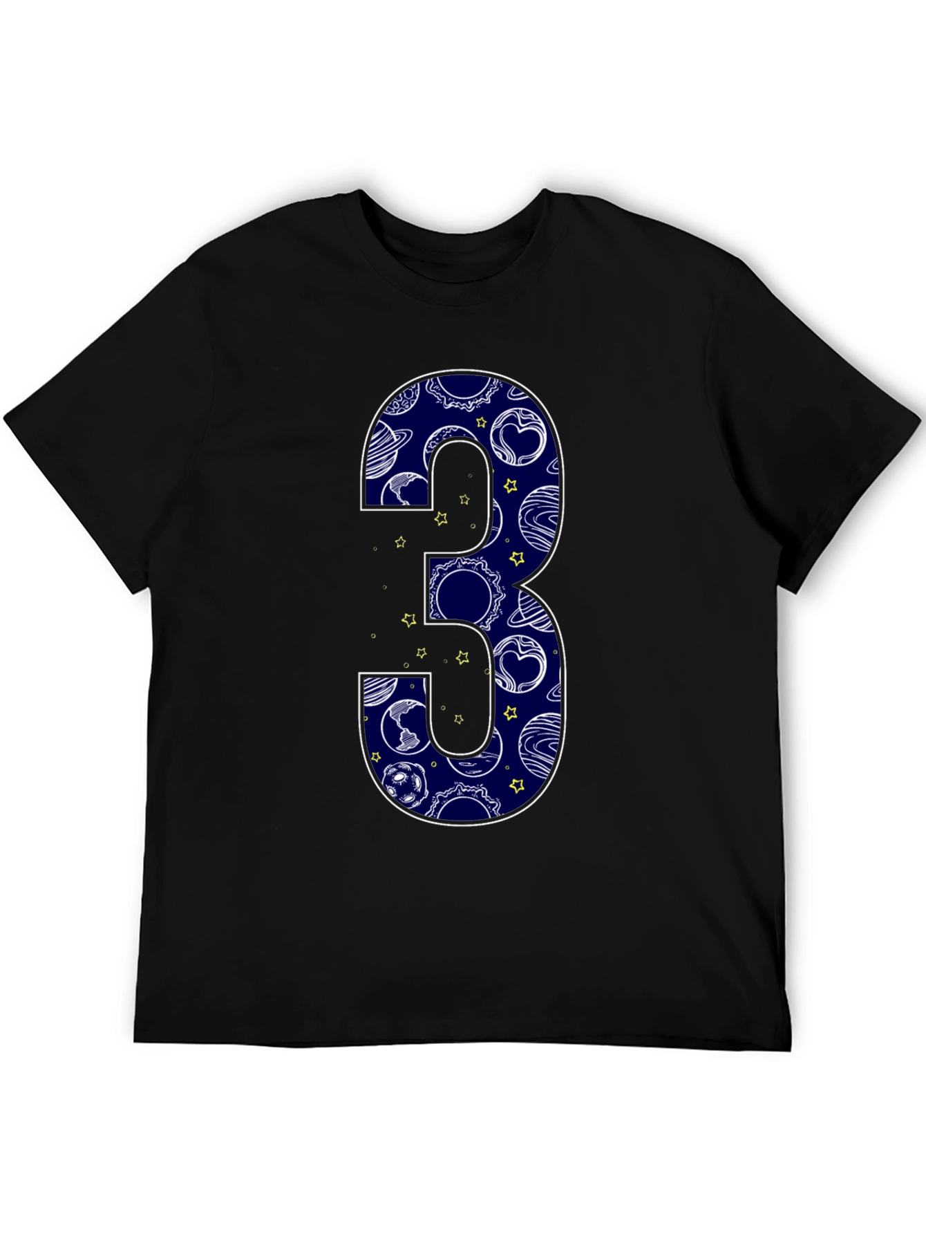 Number 3 Space Planets Black T-Shirt