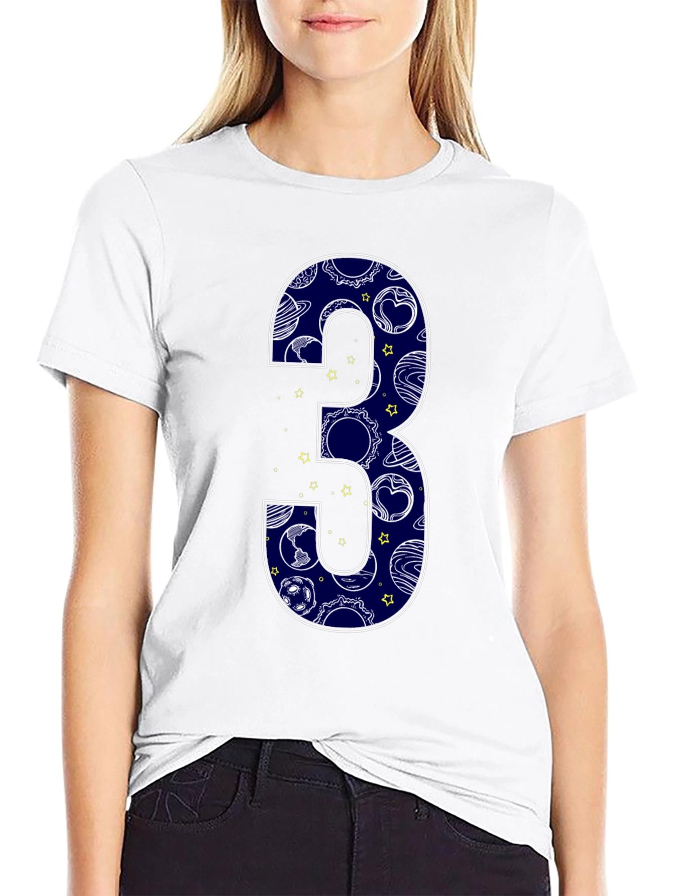Number 3 Space Planets Black T-Shirt