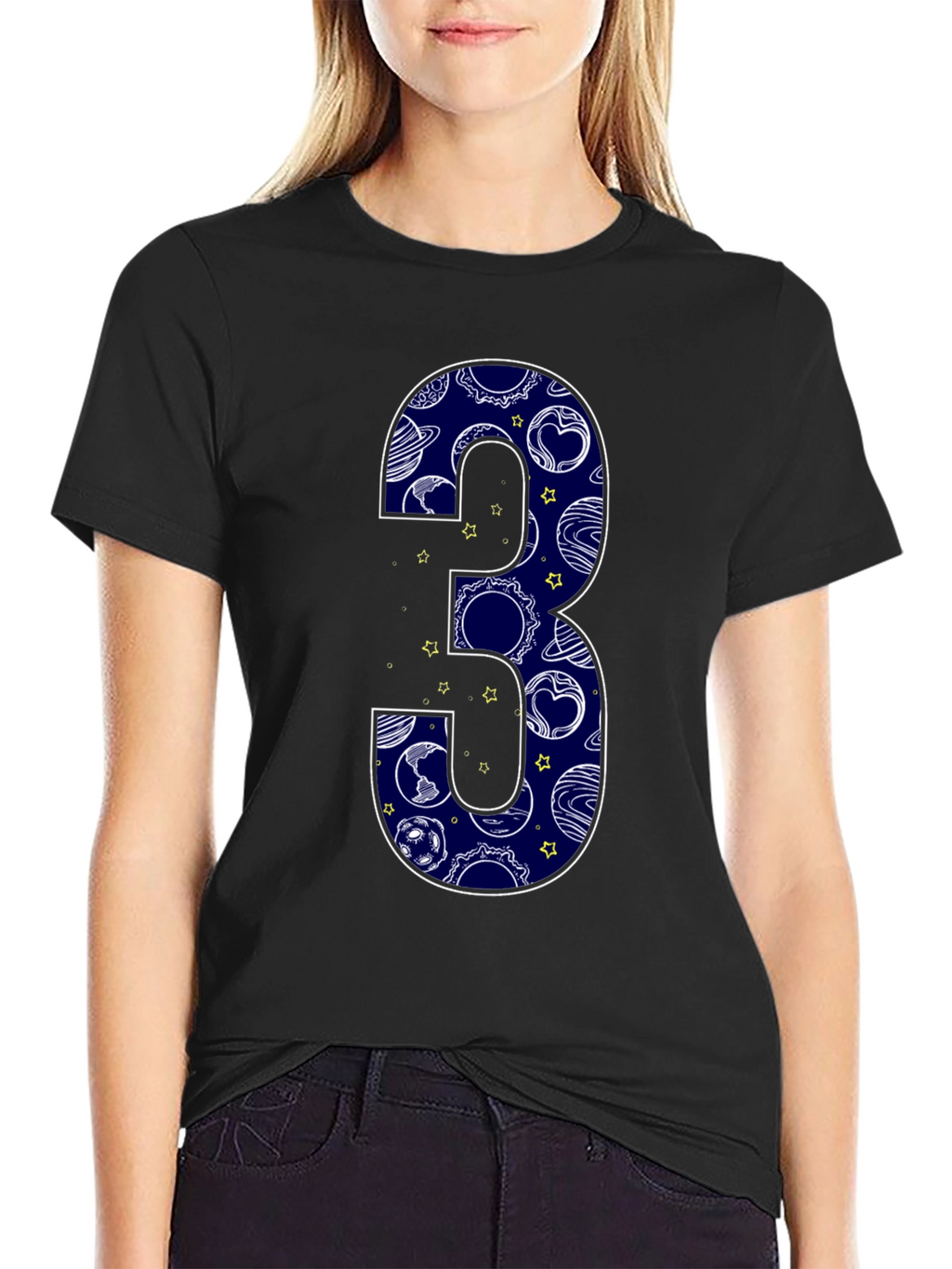 Number 3 Space Planets Black T-Shirt