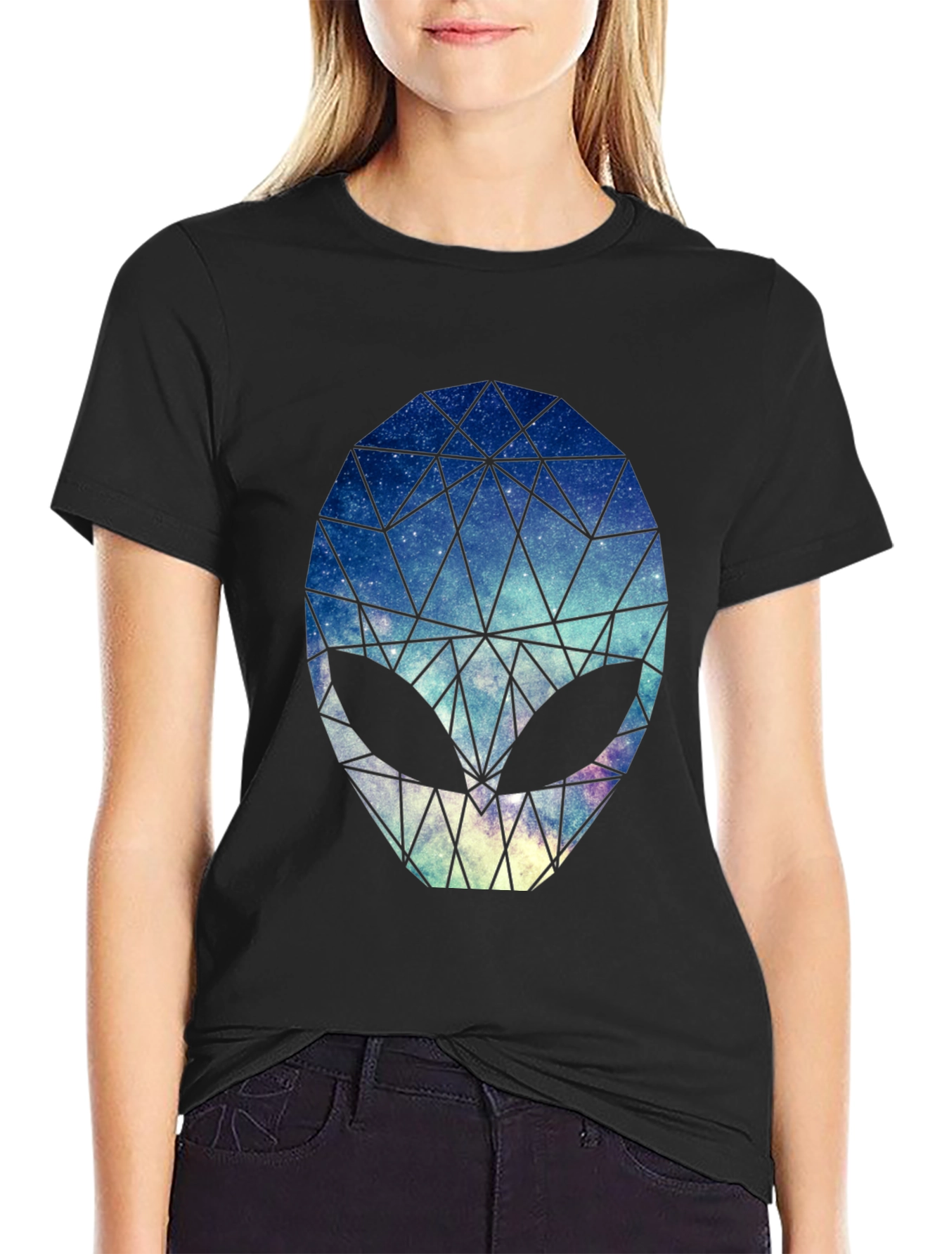 Geometric Alien Head Graphic Black T-Shirt