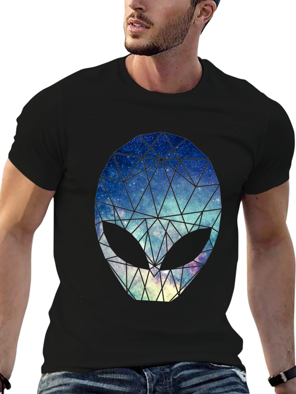 Geometric Alien Head Graphic Black T-Shirt