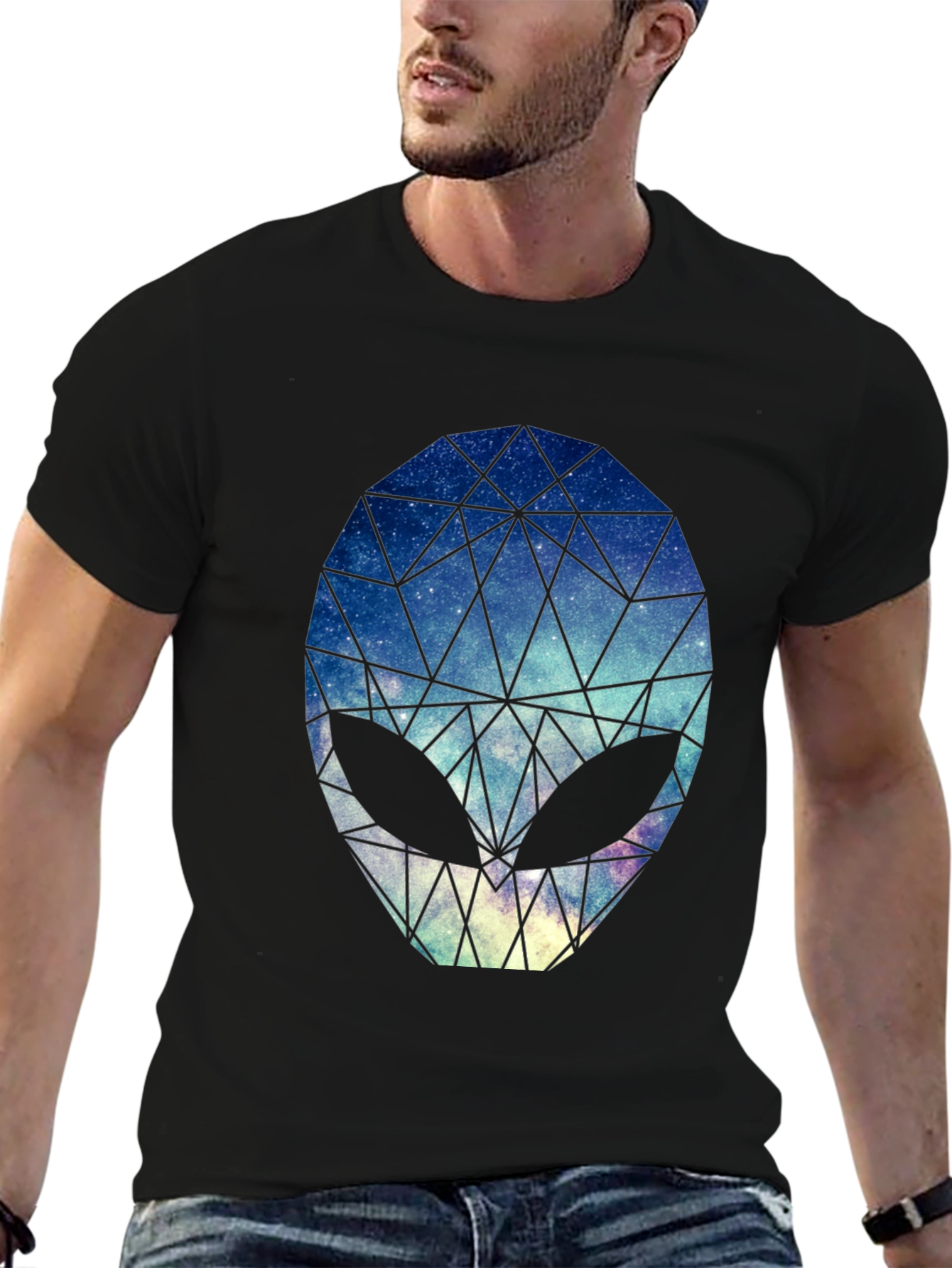 Geometric Alien Head Graphic Black T-Shirt
