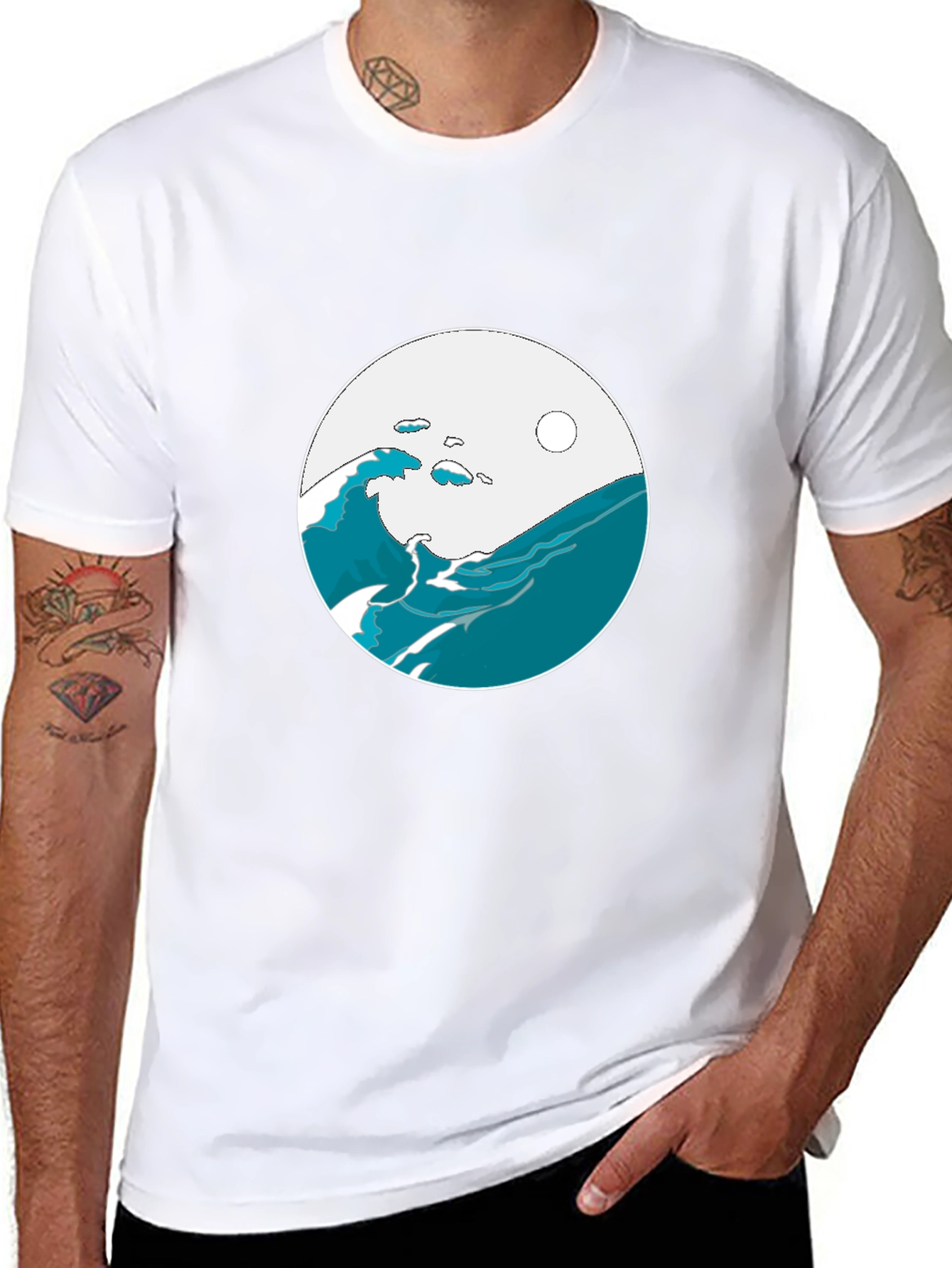 Ocean Wave Graphic Tee - Black Cotton Blend T-Shirt