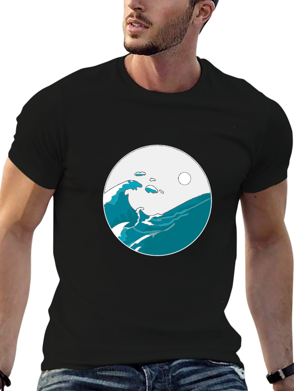 Ocean Wave Graphic Tee - Black Cotton Blend T-Shirt
