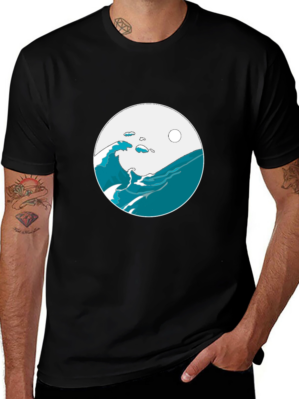 Ocean Wave Graphic Tee - Black Cotton Blend T-Shirt