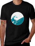 Ocean Wave Graphic Tee - Black Cotton Blend T-Shirt