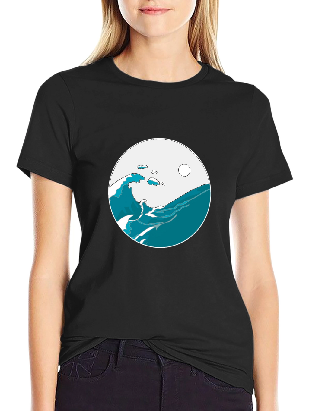 Ocean Wave Graphic Tee - Black Cotton Blend T-Shirt