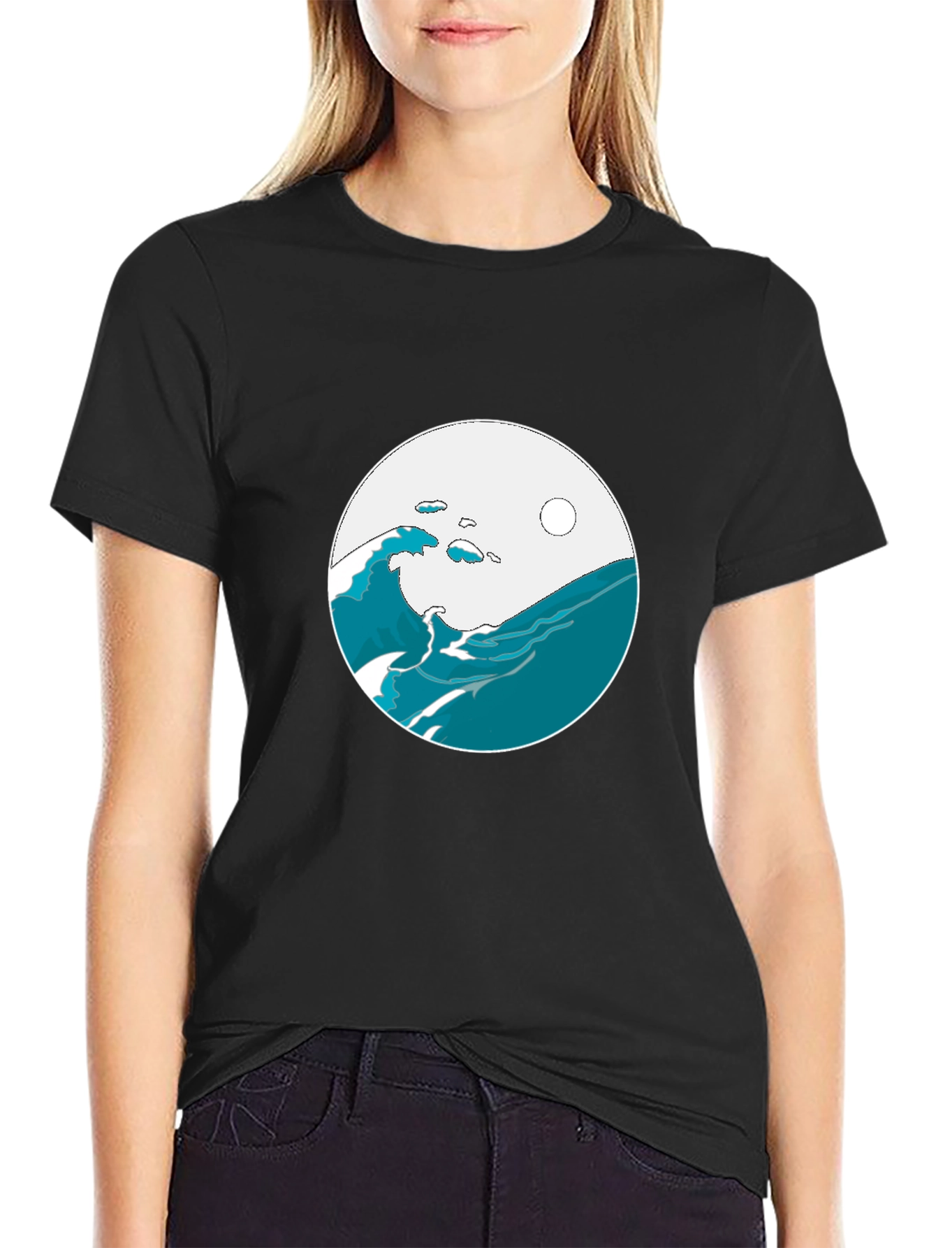 Ocean Wave Graphic Tee - Black Cotton Blend T-Shirt