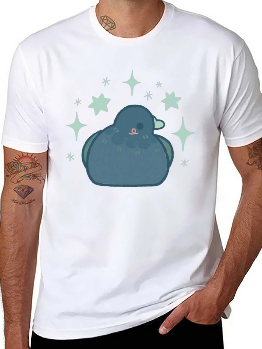 Pigeon Starry Tee - Cute Bird Graphic Black T-Shirt
