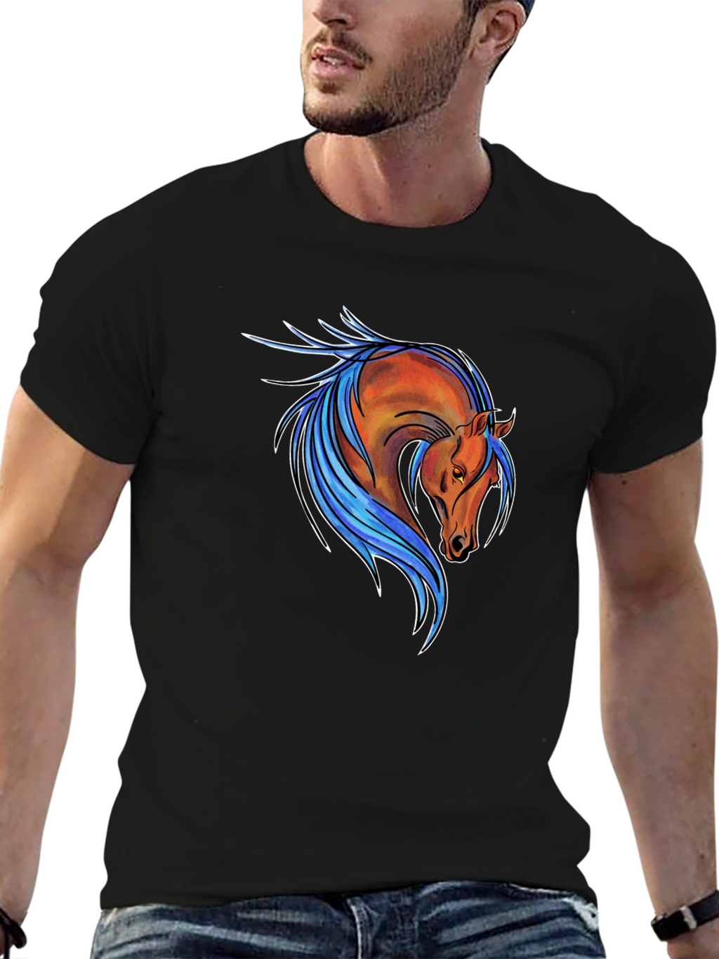 Horse Graphic Tee - Stylish Mens Black T-Shirt