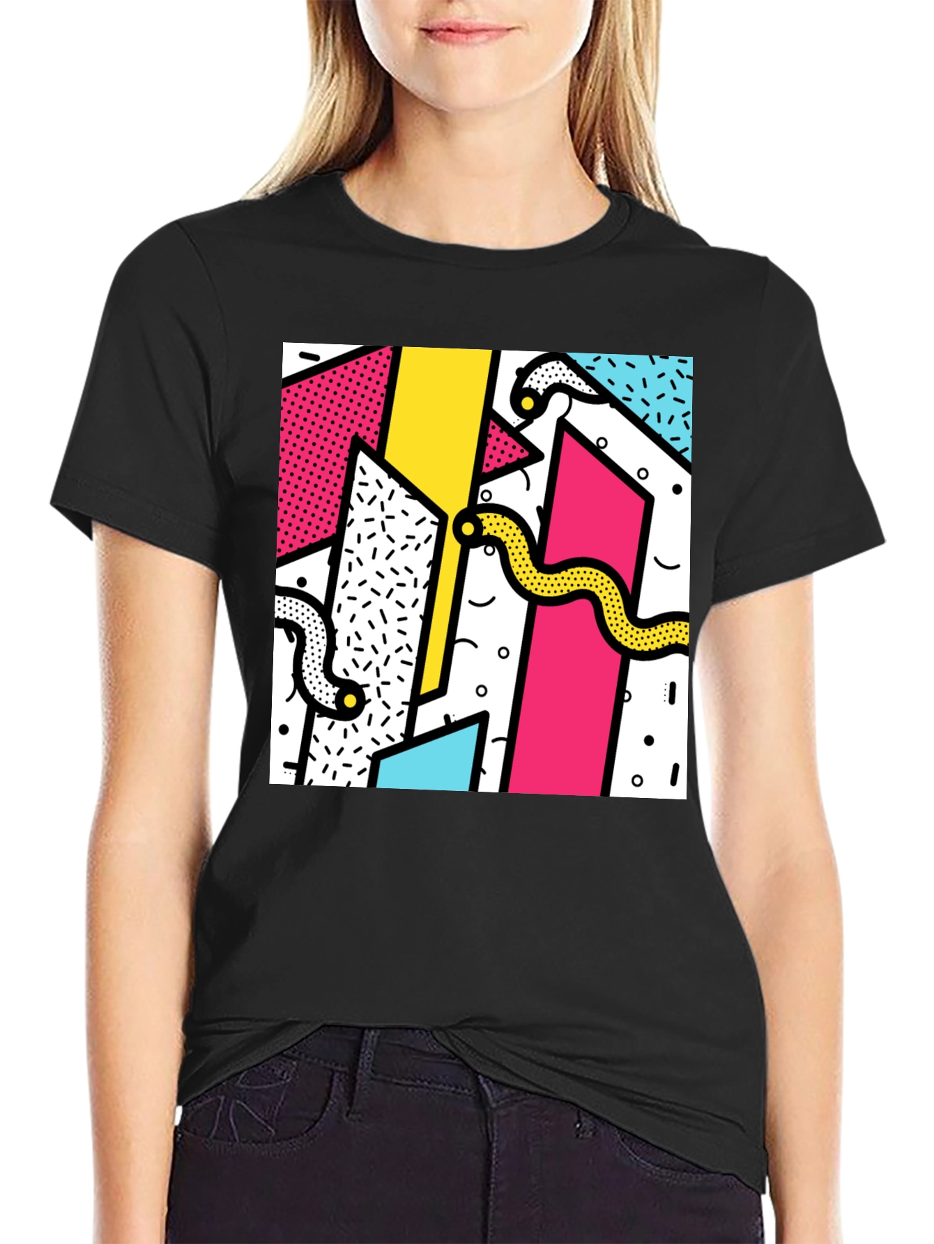 Geometric Snake Print Tee - Retro 80s Style Shirt