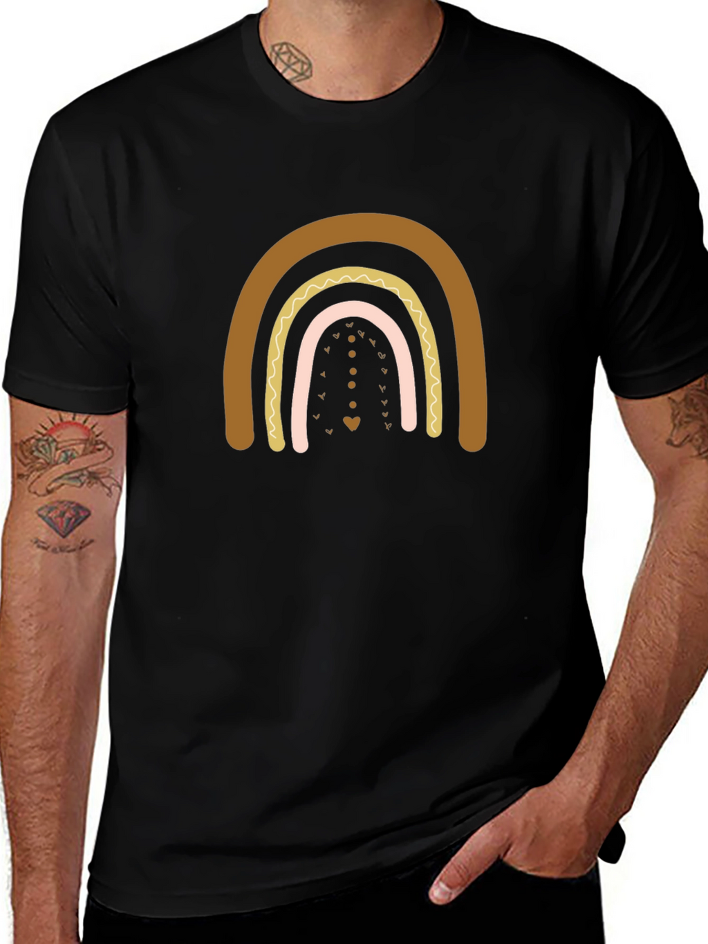 Boho Rainbow Graphic Print Black T-Shirt