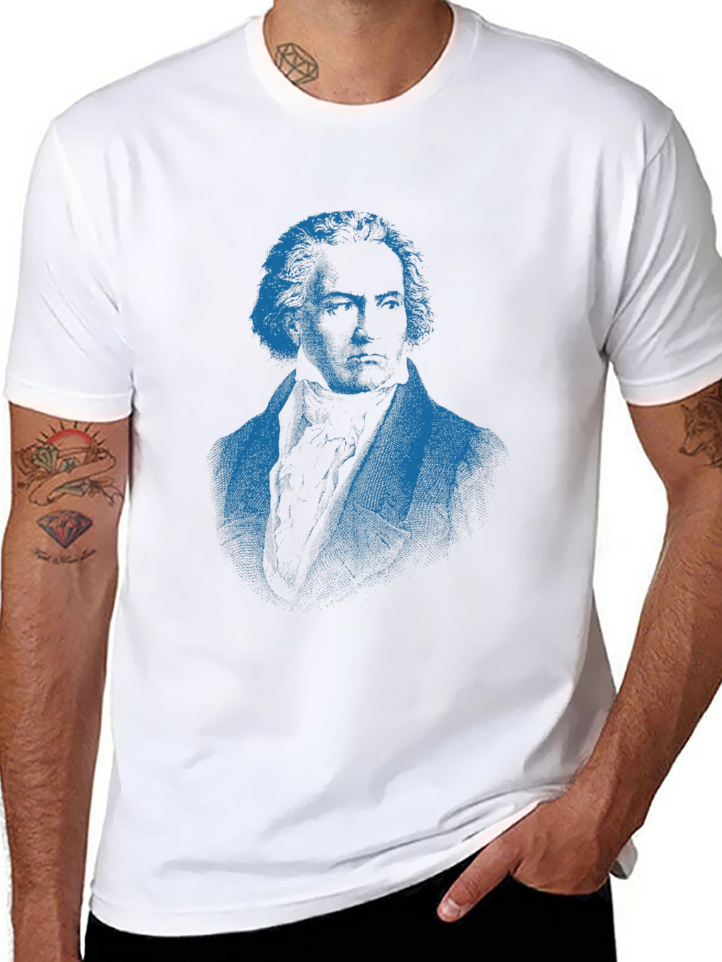 Blue Beethoven Portrait Black T-Shirt