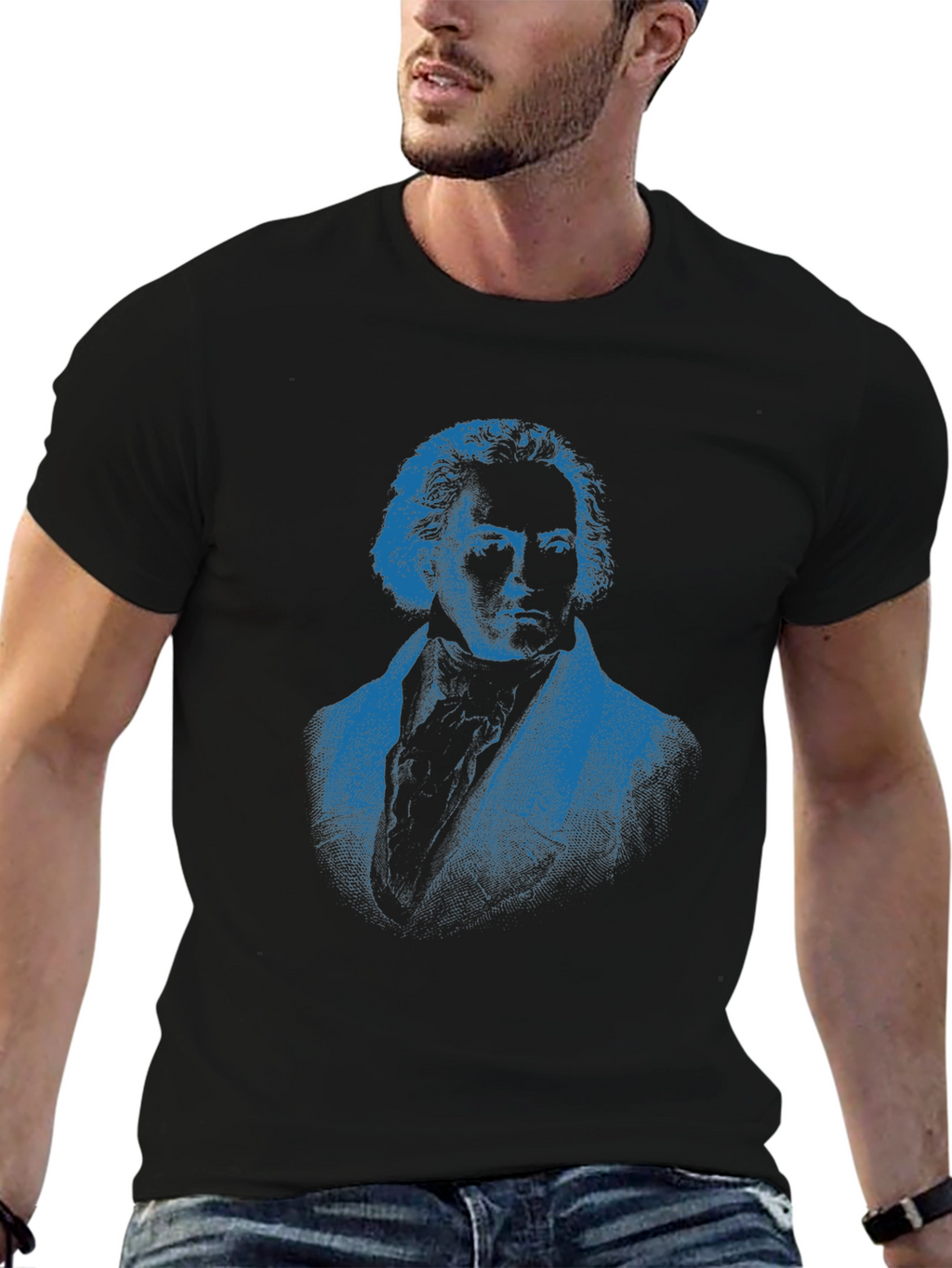 Blue Beethoven Portrait Black T-Shirt