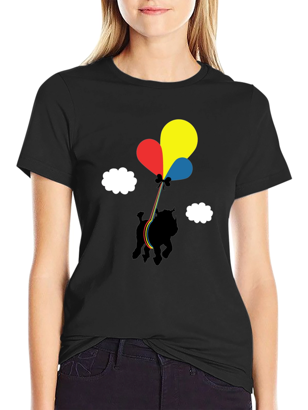 Dog with Balloons Graphic Tee - Casual Black T-Shirt