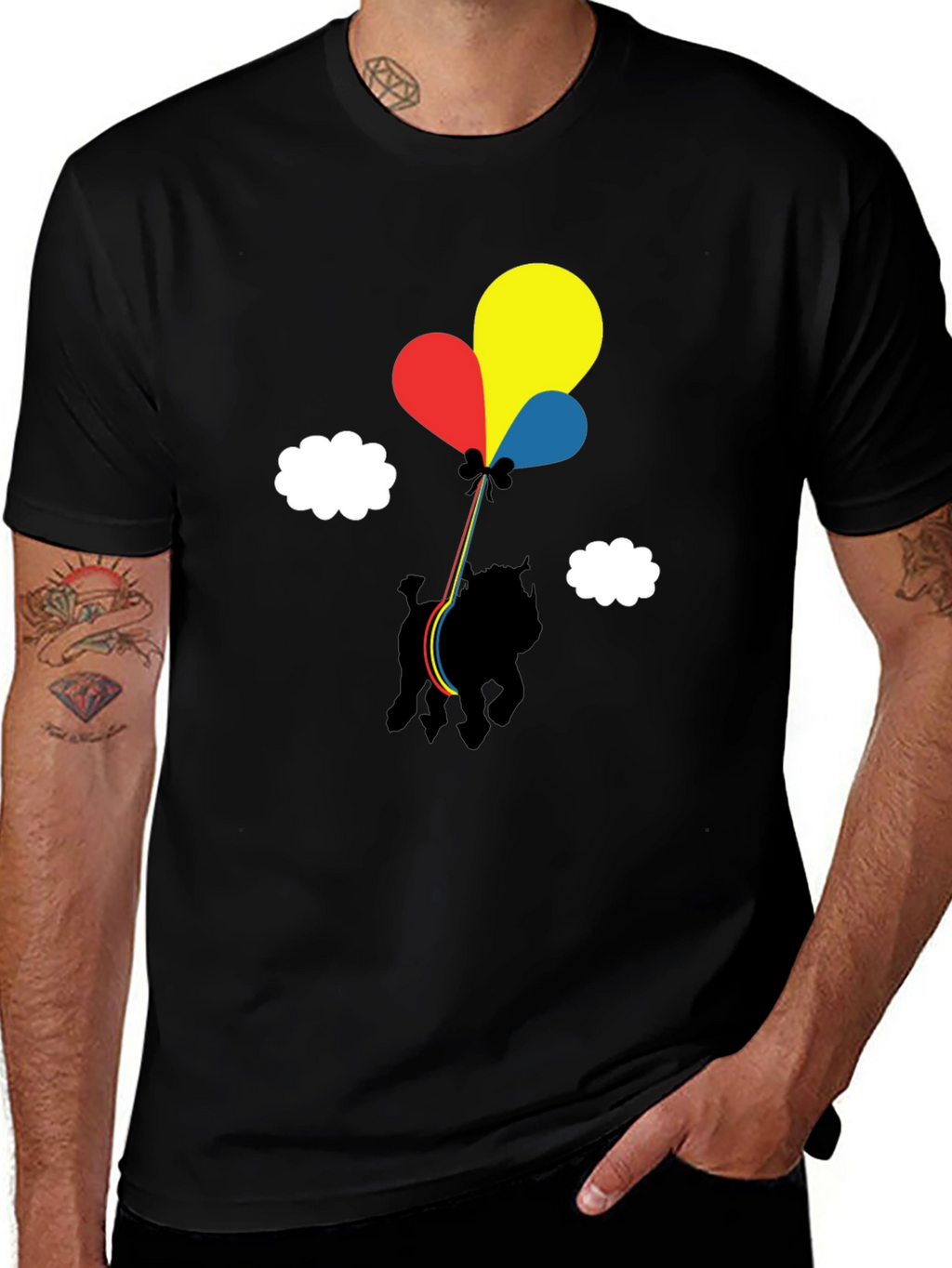 Dog with Balloons Graphic Tee - Casual Black T-Shirt