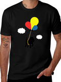 Dog with Balloons Graphic Tee - Casual Black T-Shirt