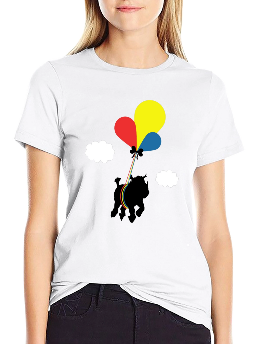 Dog with Balloons Graphic Tee - Casual Black T-Shirt