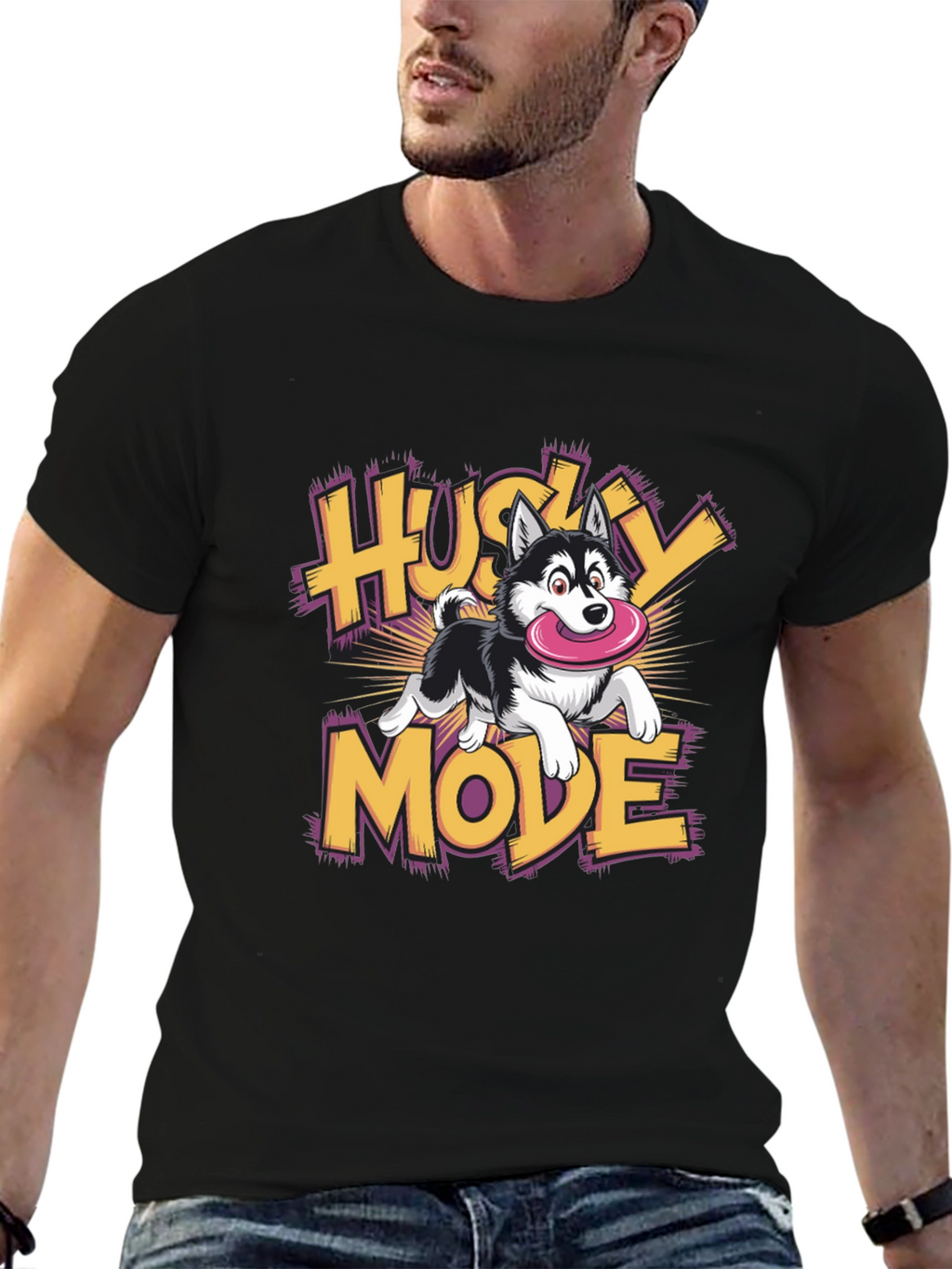 Husky Mode Cartoon Graphic Black T-Shirt