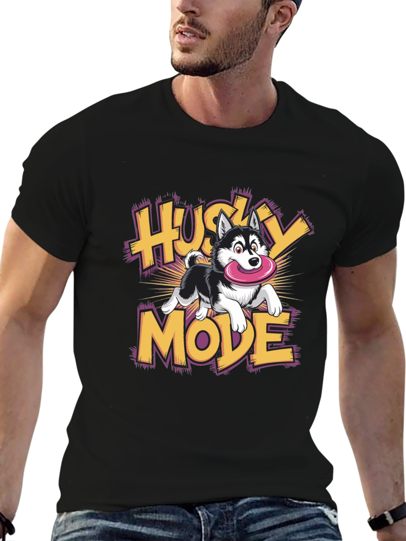 Husky Mode Cartoon Graphic Black T-Shirt