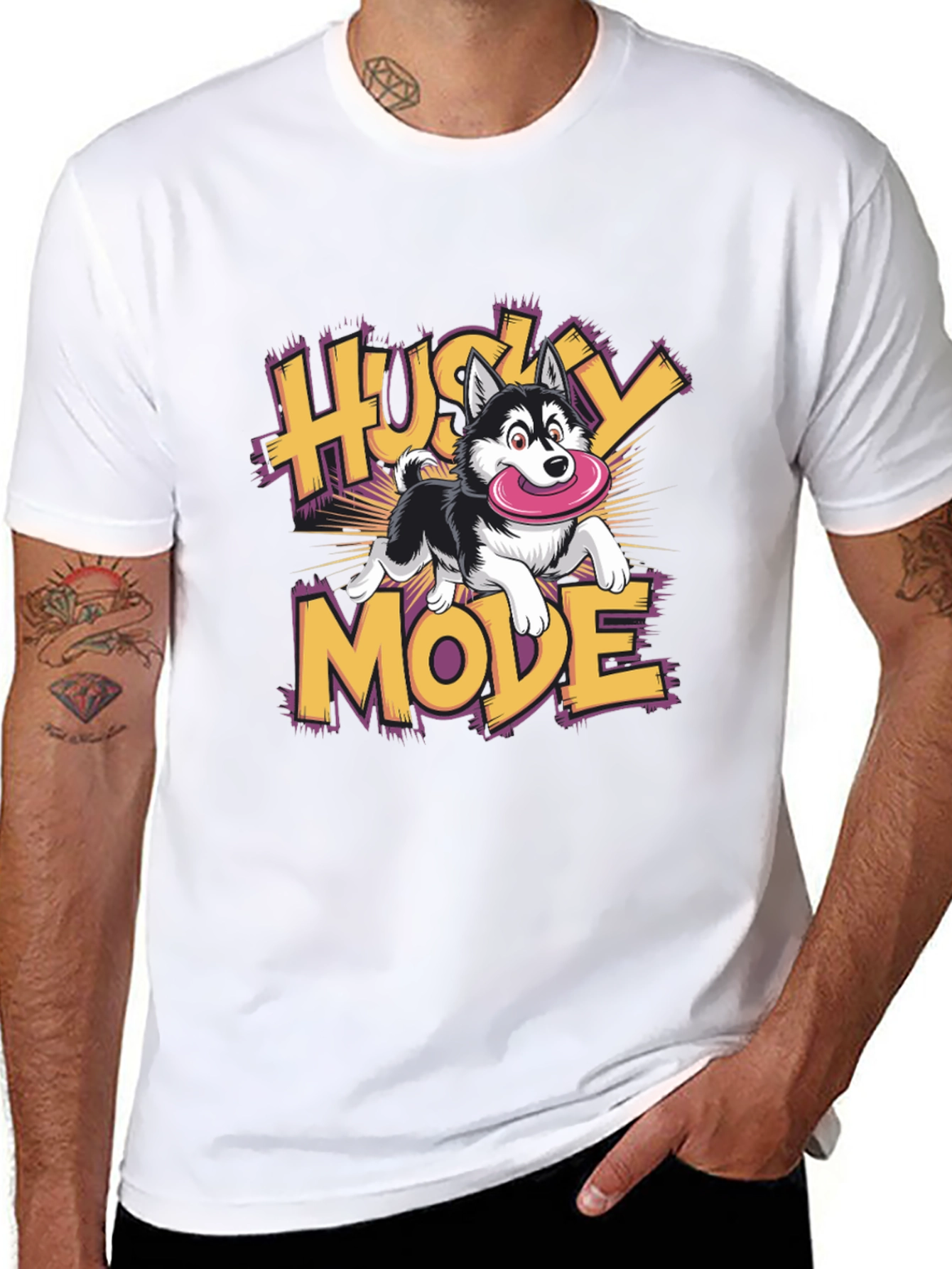 Husky Mode Cartoon Graphic Black T-Shirt