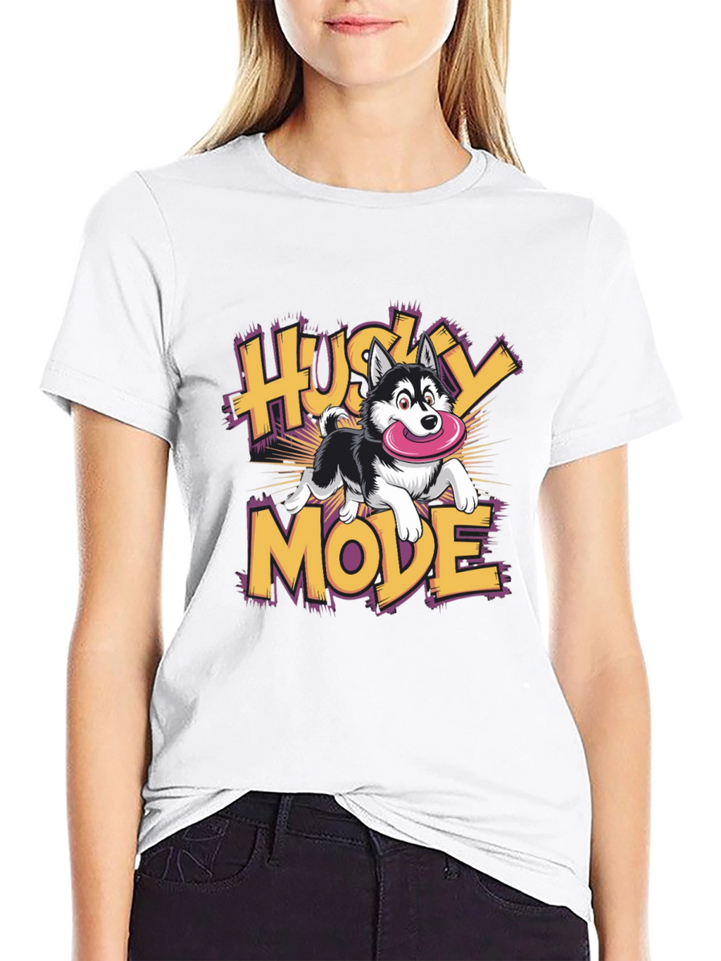 Husky Mode Cartoon Graphic Black T-Shirt