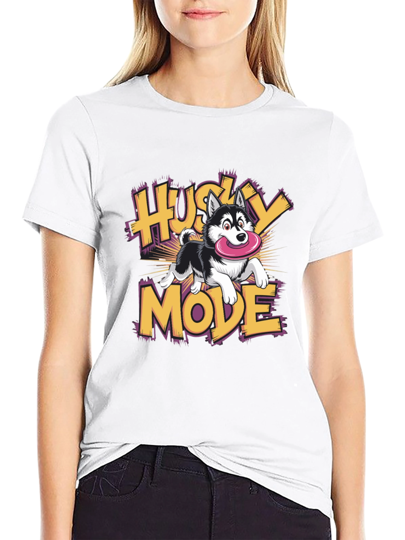 Husky Mode Cartoon Graphic Black T-Shirt
