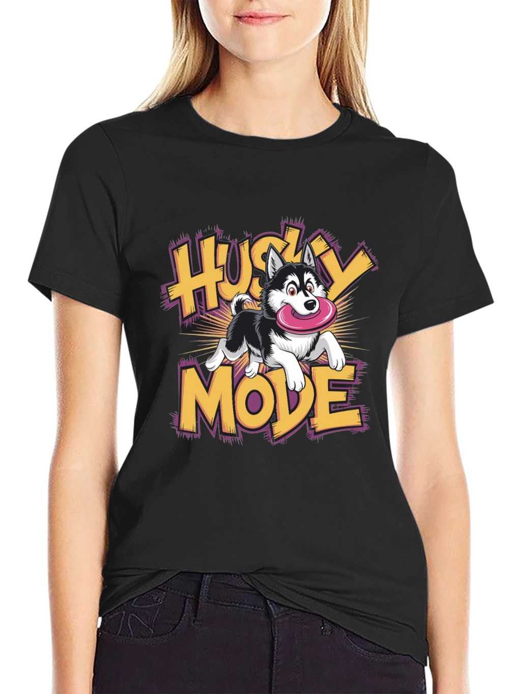 Husky Mode Cartoon Graphic Black T-Shirt