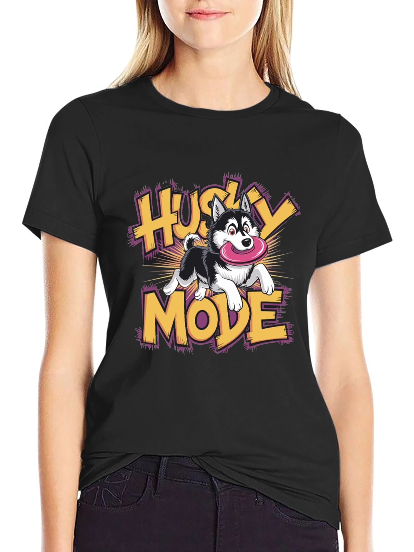Husky Mode Cartoon Graphic Black T-Shirt