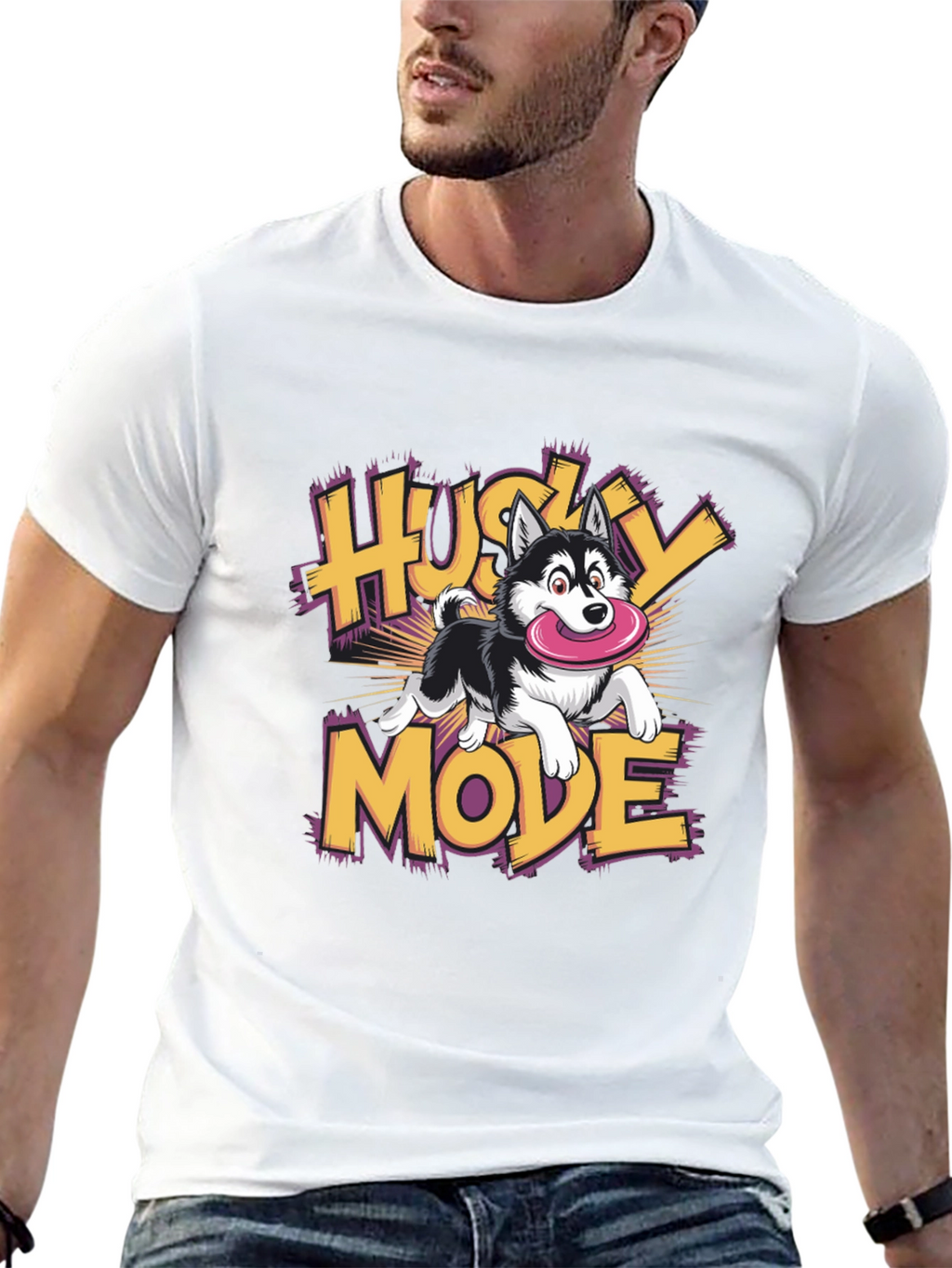 Husky Mode Cartoon Graphic Black T-Shirt