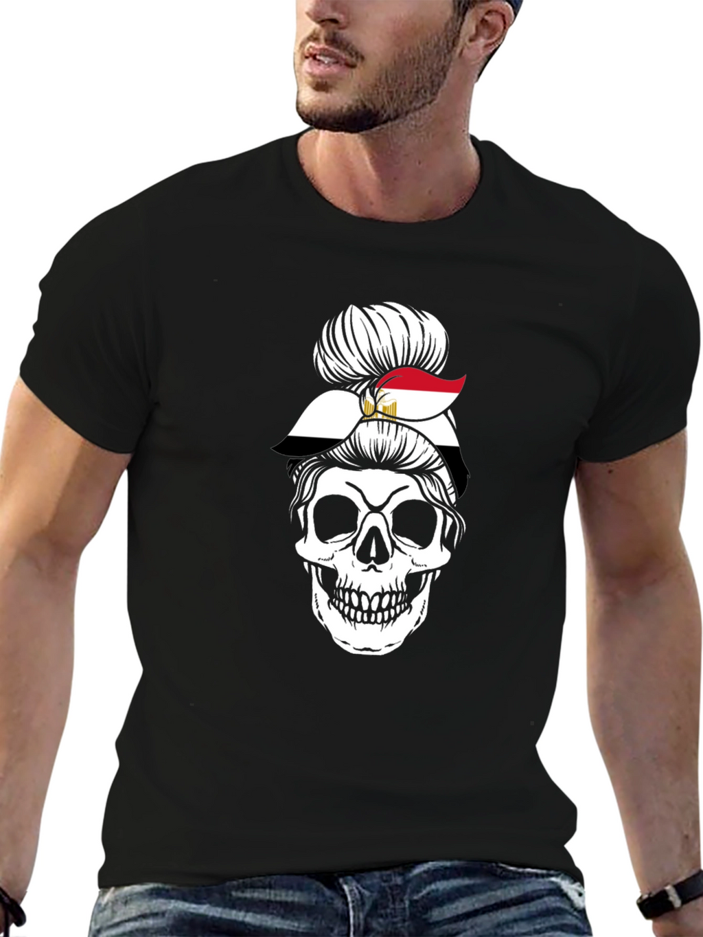Egypt Flag Skull Messy Bun T-Shirt