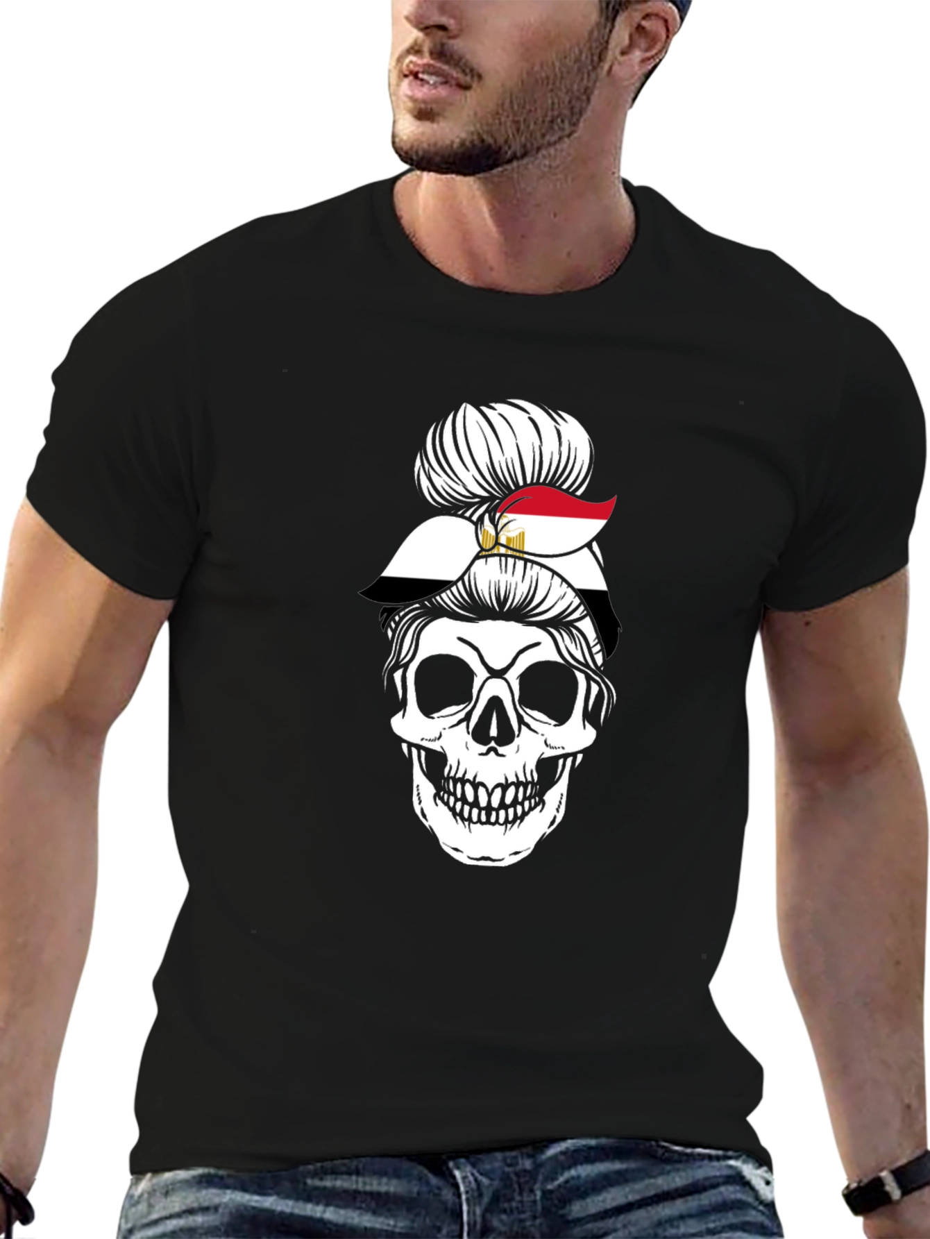 Egypt Flag Skull Messy Bun T-Shirt