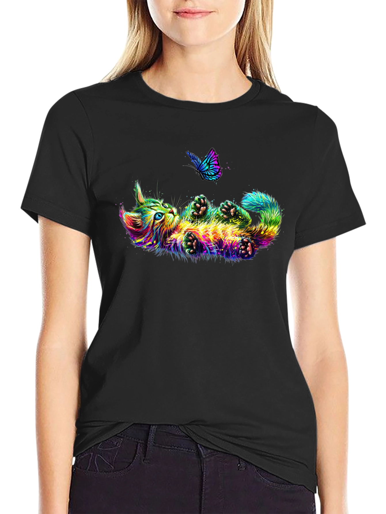 Colorful Cat & Butterfly Graphic Tee