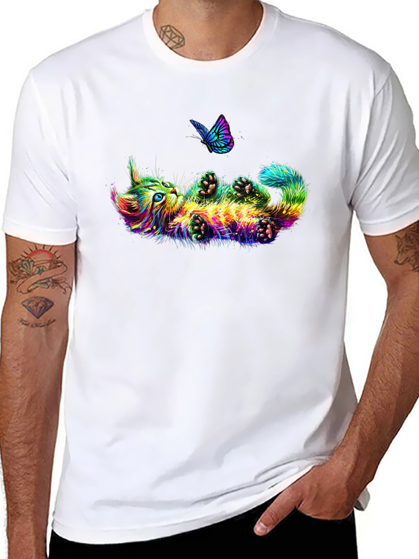 Colorful Cat & Butterfly Graphic Tee