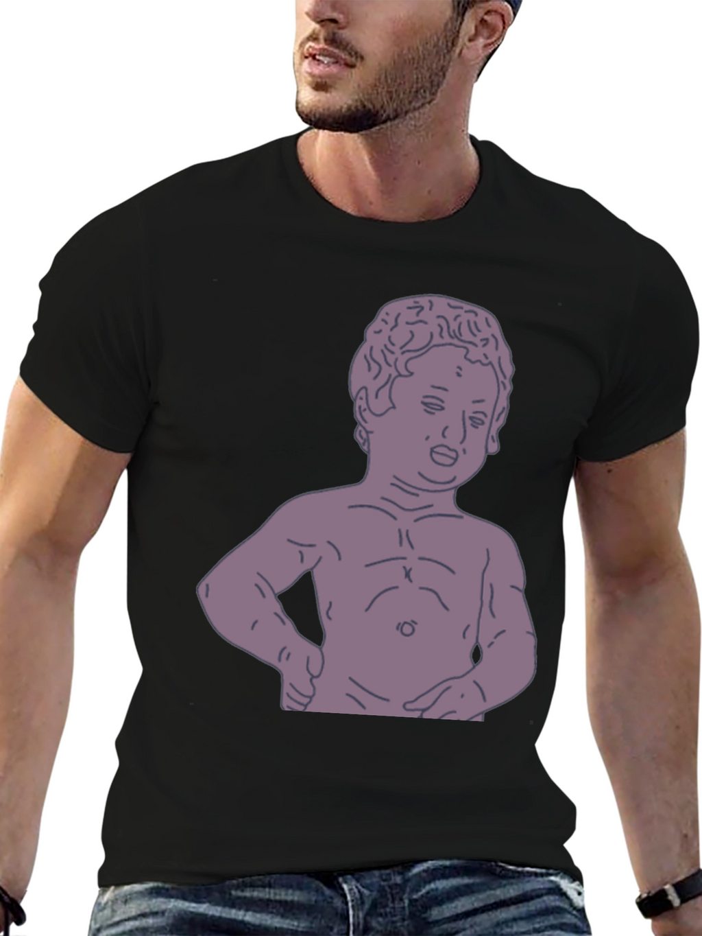 Humorous Baby Statue Graphic Tee - Black