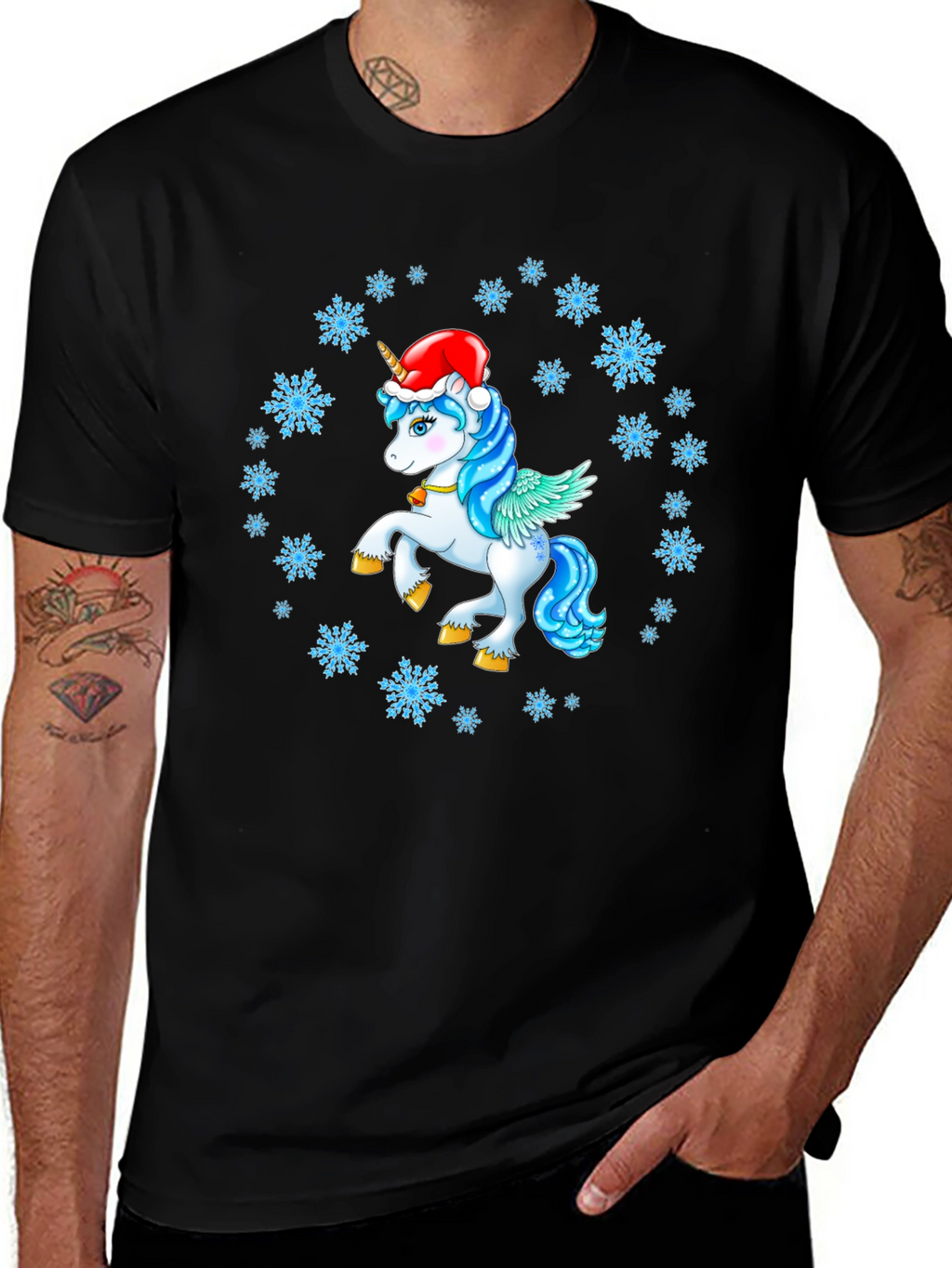 Festive Unicorn Snowflake Black T-Shirt